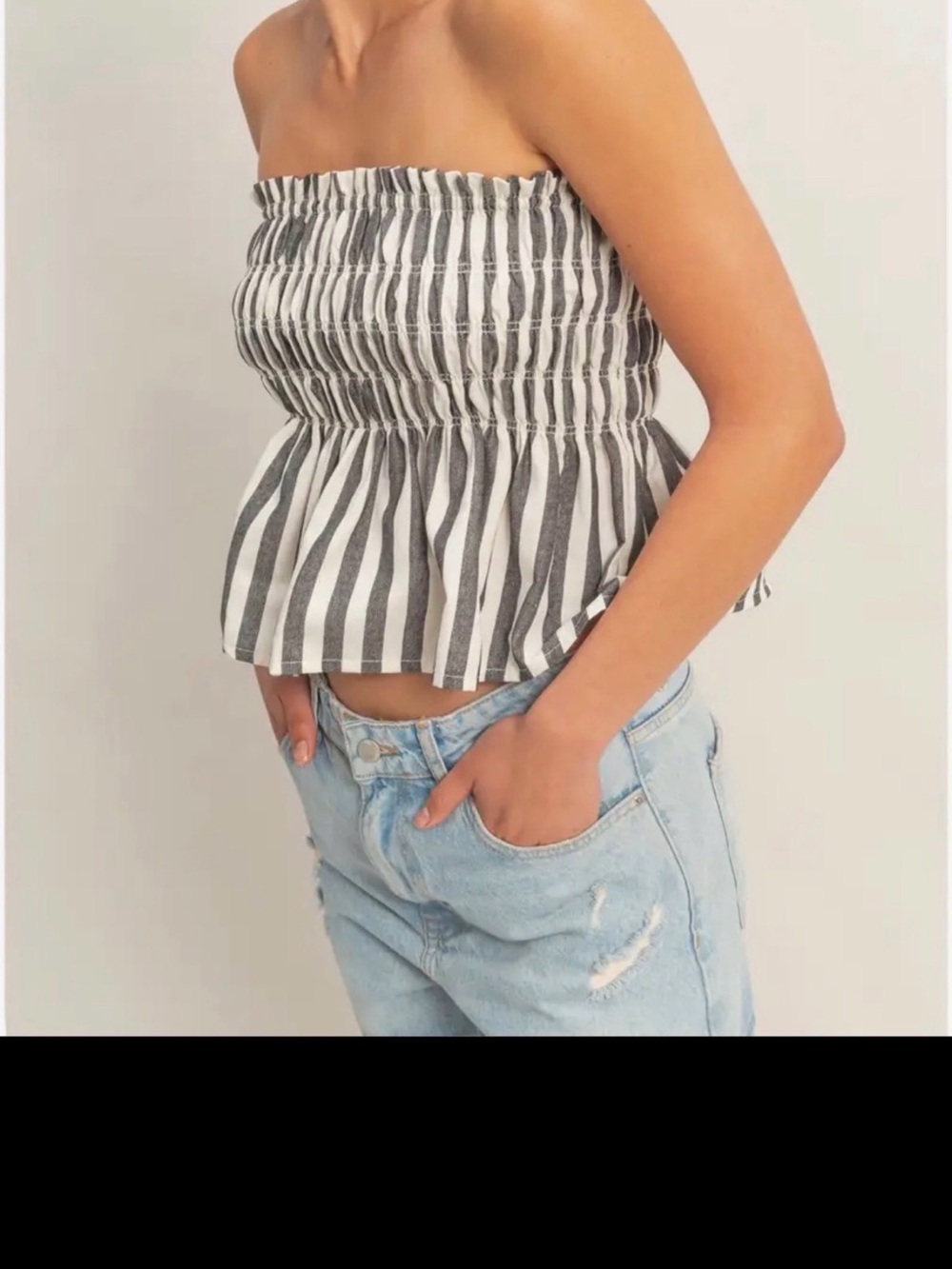 Double Zero Black and White Striped Smocked Peplum Tube Top